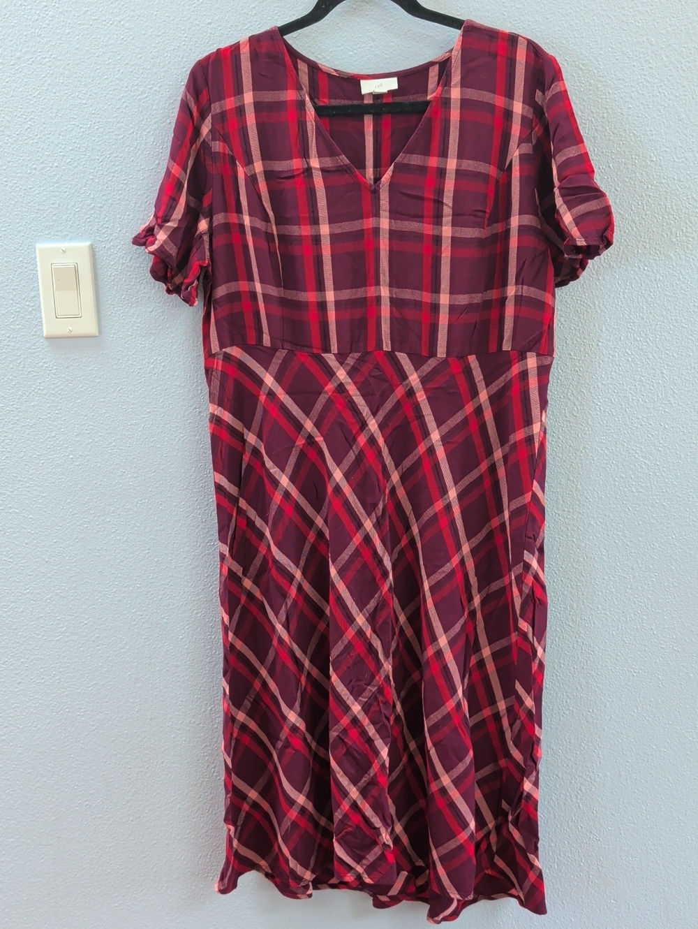J. Jill Wearever Plaid V-Neck Midi Dress in Burgundy and Pink